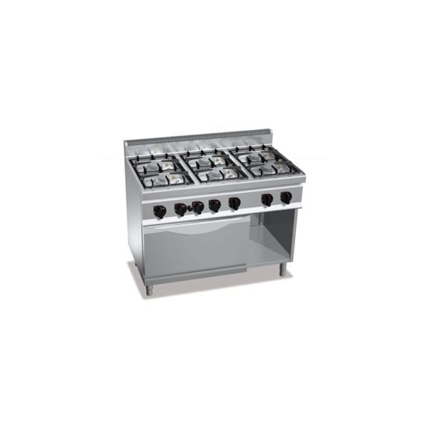 Cuisinière gaz 6 brûleurs puissants (33.5kW) sur four électrique (3.5kW) et compartiment neutre