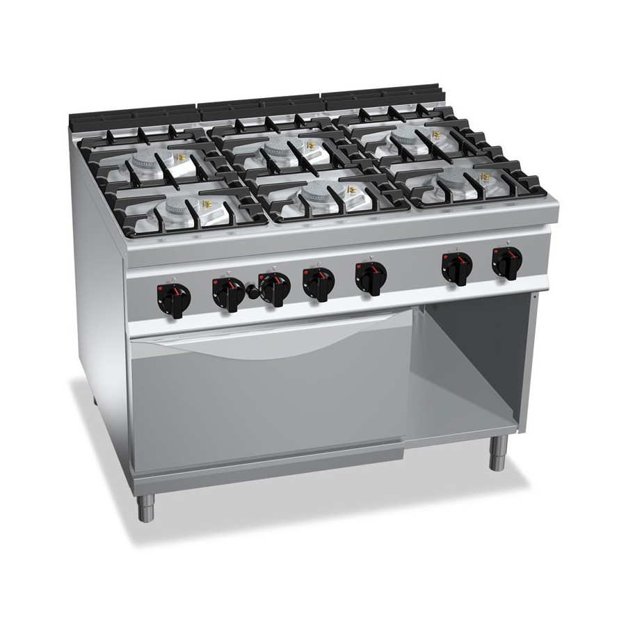 Cuisinière gaz 6 brûleurs puissants (48kW) sur four électrique puissant  (7.5kW) et compartiment neutre - Sud CHR