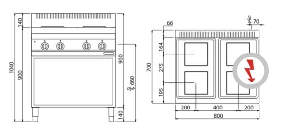 CUISINIÈRE ÉLECTRIQUE 4 PLAQUES CARREES (10.4KW) SUR PIEDS – Image 3